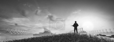 Photo for A lone figure stands guard, silhouetted against a horizon dotted with naval ships under a hazy sky - Royalty Free Image
