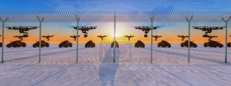 Drones hover above armored vehicles, both silhouetted by a vibrant twilight sky, secured by a chain-link fence