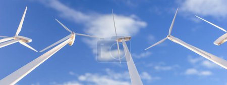 Modern wind turbines dominate the skyline, a symbol of sustainable power against a bright blue sky with soft clouds.