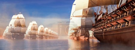 A spectral array of galleons cuts through morning mist, their sails bathed in the soft glow of the rising sun.