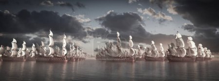 Un cielo del alba sereno sirve como telón de fondo para una impresionante flota de veleros del viejo mundo deslizándose por aguas tranquilas.