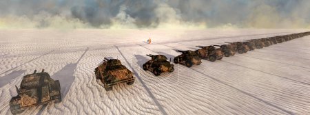 A surreal scene with a line of tanks stretching into the distance under a hazy sky, with a human figure adding scale and context.
