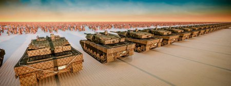 Eine unendliche Formation getarnter Militärpanzer in einer Wüstenlandschaft, eingefangen im weichen Licht der untergehenden Sonne.