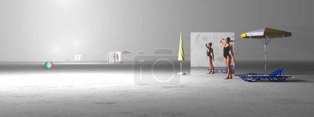 Minimalist beach setting with figures and objects placed in an expansive, empty space, creating an ethereal atmosphere.