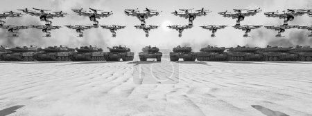 A surreal black and white scene depicting drones flying above tanks lined up in a stark desert landscape.