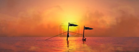 Eine ruhige Szene, als die Sonne unter den Horizont sinkt und ein warmes Leuchten über das Meer wirft, mit Flaggen auf einem halb versunkenen Mast, die sich sanft im Wind wiegen.