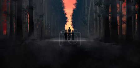 A familys silhouettes are seen walking together in a foggy forest against a fiery dusk sky, exuding a sense of mystery and unity.