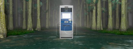 An out-of-place ATM brings a touch of civilization to the mystic quietude of a fog-enshrouded forest.