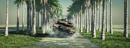 A solitary tank moves amidst tall palm trees, contrasting military might with the tranquility of nature.