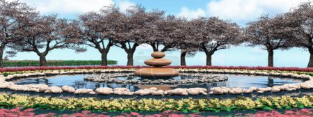 Stacked stones in perfect balance beside a reflective pond, surrounded by blooming trees and colorful flowerbeds.