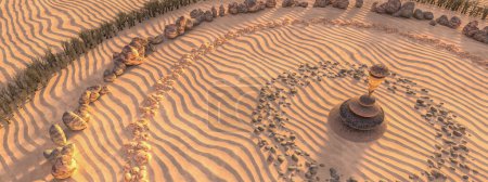 Während die goldene Stunde die Wüste erleuchtet, führen spiralförmige Steinwege zu einer zentralen Zen-Formation.