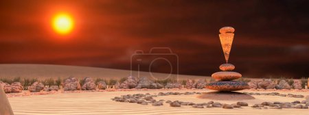 Des formations rocheuses uniques en harmonie dans le contexte d'un coucher de soleil captivant dans un paysage désertique serein.