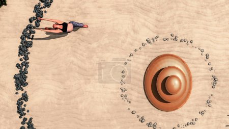 A solitary yoga pose reaches out to the symmetry of a Zen stone circle in the vastness of a sandy desert.