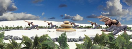 Pratiquants de yoga en harmonie avec la nature, posant par des pierres zen équilibrées dans un cadre paisible jardin désert.