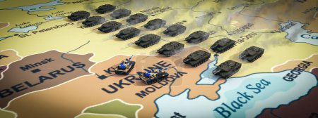 Strategische Darstellung von Panzern auf einer geopolitischen Landkarte mit Schwerpunkt Ukraine.