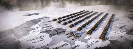 Dramatische Darstellung von Panzern auf einer Landkarte über den nordeuropäischen Raum inmitten wirbelnden Nebels.