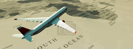 Grafische Komposition eines Verkehrsflugzeugs im Flug über einer Sepiakarte, die an eine Reise über den Südatlantik erinnert.