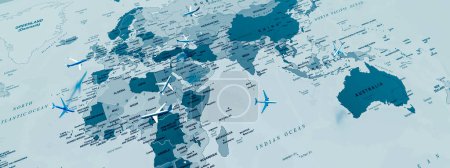 Anschauliche Darstellung von Flugzeugen, die eine blau getönte Landkarte durchqueren und weltweite Flugrouten darstellen.