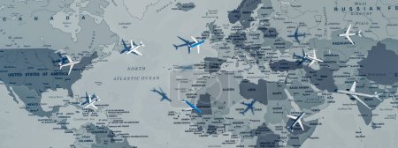 Representación dinámica de aviones cruzando sobre un estilizado telón de fondo del mapa del mundo.
