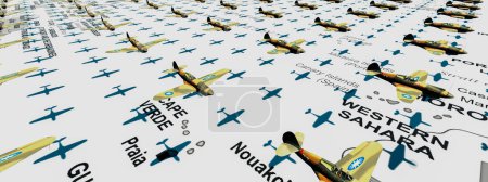 Künstlerische Komposition klassischer Kampfflugzeuge, die in Formation über eine Kartenkulisse fliegen und historische Luftwaffenmanöver symbolisieren.