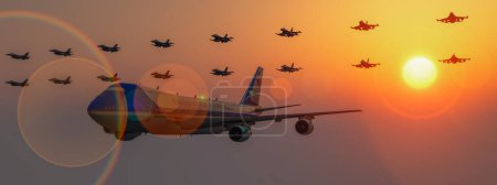 Präsidentenflugzeug im Fokus mit eskortierenden Kampfjets im Sonnenuntergang.