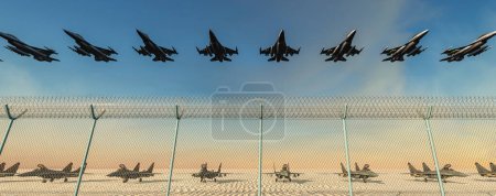 Jet aircraft ascending in formation over secure airport fencing, early morning light.