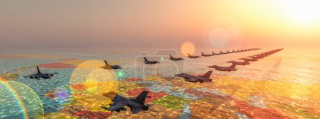 Escadron de jets en formation transparente au-dessus d'une carte, sous un soleil couchant chaud.