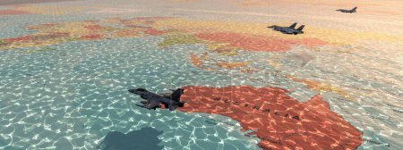 Fighter jets on a mission above a 3D map showcasing Australias terrain and waters.