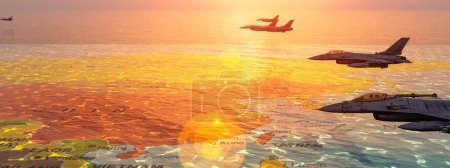 Escadron de jet volant au-dessus d'une carte baignée par la lumière dorée du soleil couchant.