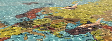 Zwei Militärjets fliegen über einer 3D-bebilderten Europakarte, auf der Länder dargestellt sind.
