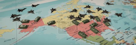 Image fusing military elements with a map of North America, symbolizing defense.