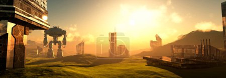 "Futuristic landscape with robots and sunlight reflecting off buildings."