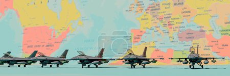 Precision lineup of advanced fighter jets on a stylized map, showcasing military might across the North Atlantic.