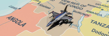 Ein hochentwickelter Kampfjet im scharfen Fokus über einer stilisierten Landkarte, die Angola inmitten zentralafrikanischer Nationen betont.