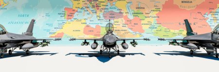 Téléchargez les photos : Avions militaires disposés sur une carte, en mettant l'accent sur les régions et les frontières géopolitiques mondiales. - en image libre de droit