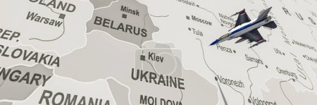 Graustufenbild eines Kampfjets im Flug über eine stilisierte Osteuropakarte, die die Ukraine und Weißrussland betont.