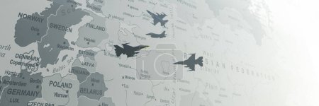 Military jets soaring above a stark monochromatic map detailing the Nordic countries and the expanse of Russia