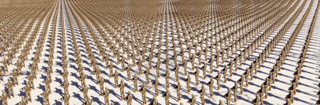 Eine scheinbar unendliche Reihe virtueller Soldaten in Wüsten-Tarnkleidung marschieren auf einem schroffen weißen Boden.