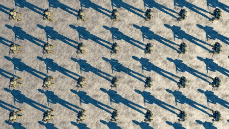 Une panoplie répétitive de soldats miniatures et leurs ombres allongées sur une surface rugueuse ressemblant à du papier.