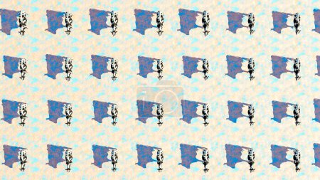 An abstract, repetitive pattern featuring stylized images of dairy cows against a vibrant, textured backdrop.
