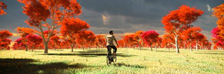 Eine traumhafte Szene, in der sich ein einsamer Radfahrer unter stürmischem Himmel durch eine Baumallee mit unwirklich purpurrotem Laub schlängelt.