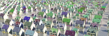 A vibrant, surreal landscape of multicolored miniature houses sprawling into the horizon.