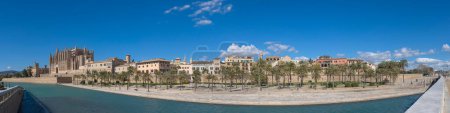 Crystal-clear waters framing the grand Palma Cathedral under a vast blue sky.