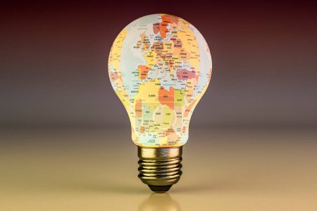 Una bombilla brillante que muestra un mapa colorido del mundo simboliza la iluminación global y las ideas internacionales.