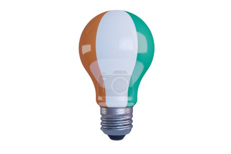 Eine konzeptionelle Glühbirne, die kreativ mit den Flaggenfarben der Elfenbeinküste geschmückt ist und leuchtende Ideen und Innovation in der Elfenbeinküste symbolisiert.