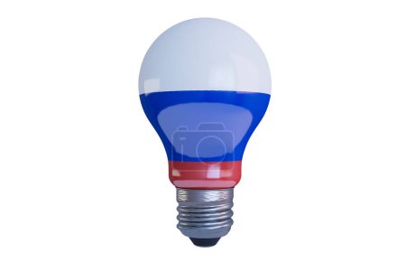 A concept lightbulb with the blue, white, and red of the Russian flag, presented on a pure black backdrop.