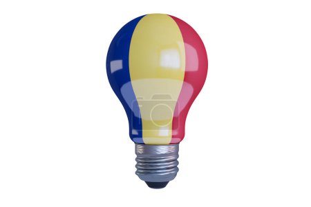 A uniquely designed lightbulb featuring the bold colors of the Romanian flag against a dark backdrop.