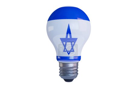 Eine erhellende Darstellung der israelischen Flagge auf einer Glühbirne, die eine Verschmelzung von technologischem Fortschritt und nationalem Erbe widerspiegelt.