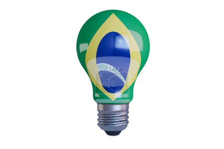 Eine lebendige Glühbirne, überlagert von den Farben der brasilianischen Flagge und dem Nationalmotto, symbolisiert innovative Energie und Fortschritt.
