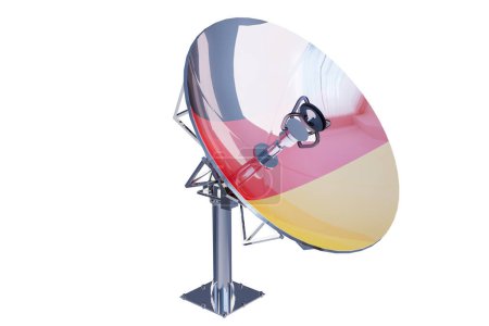Multicolored satellite dish with a reflective surface, standing against darkness.germany flag
